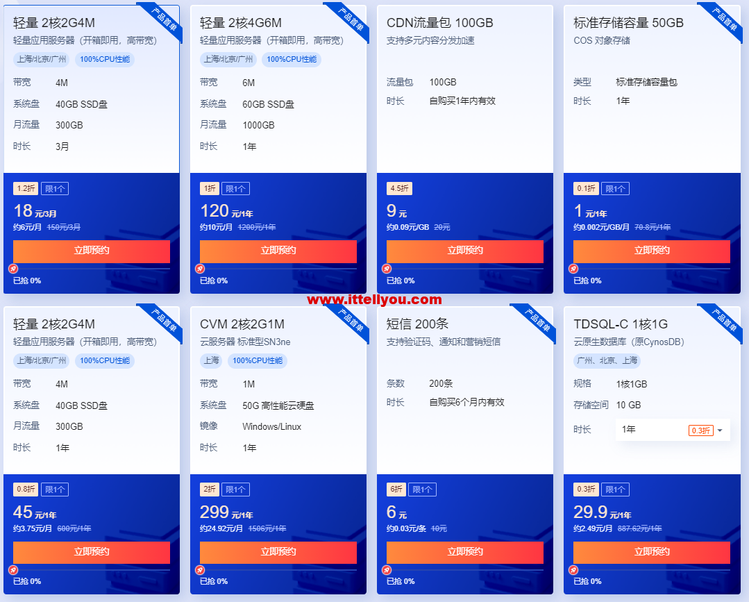 #618采购季# 腾讯云：轻量云2核2G4M 18元/3月 45元/年，2核4G6M 120元/年