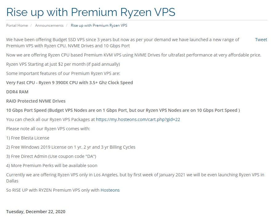 Hosteons：/年/Ryzen 9 3900X/512MB内存/10GB SSD空间/500GB流量/10Gbps端口/KVM/洛杉矶/达拉斯