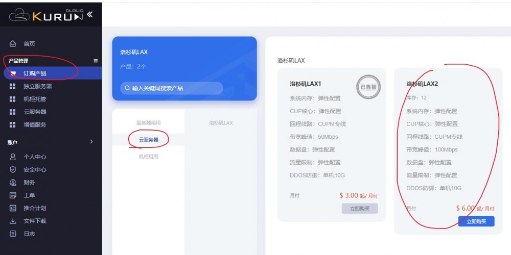 KURUN：/月/2核/2GB内存/10GB SSD空间/500GB流量/100Mbps端口/KVM/洛杉矶/回程9929