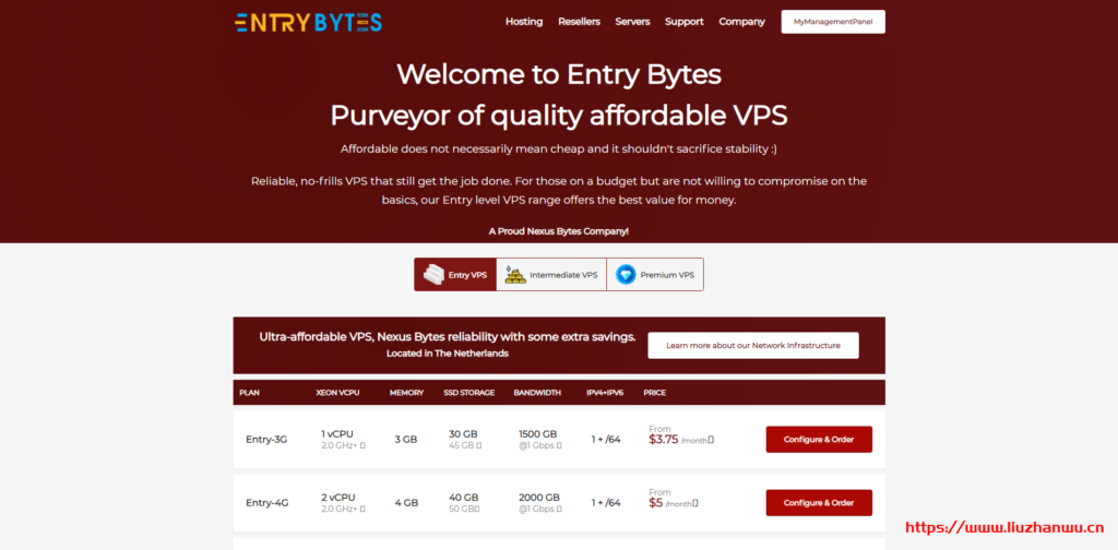 EntryBytes：.25/年/3GB内存/30GB SSD空间/1.5TB流量/1Gbps端口/荷兰/洛杉矶/纽约
