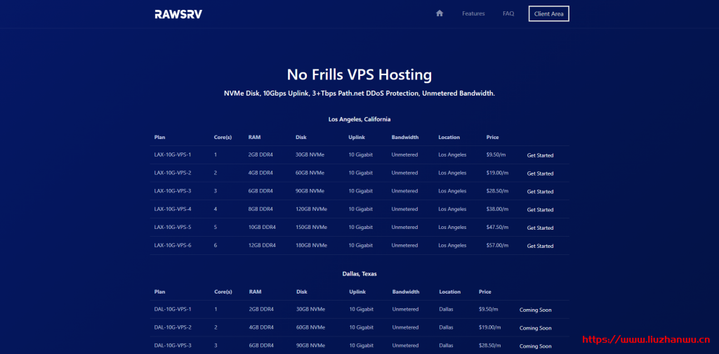 rawSRV：.5/月/1核/2GB内存/30GB NVMe空间/不限流量/10Gbps端口/DDOS/KVM/洛杉矶