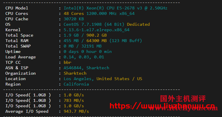 Sharktech：9/月/2*E5-2678v3/64GB内存/1TB NVMe硬盘/不限流量/1Gbps-10Gbps带宽/DDOS/洛杉矶机房简单测评