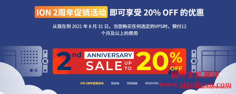 ION：2周年促销，VPS年付8折优惠，可选洛杉矶/圣何塞cn2 gia/新加坡cn2