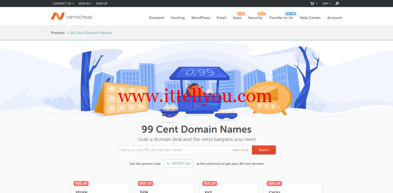 Namecheap：com/net注册优惠21%，多款域名年付0.99美元