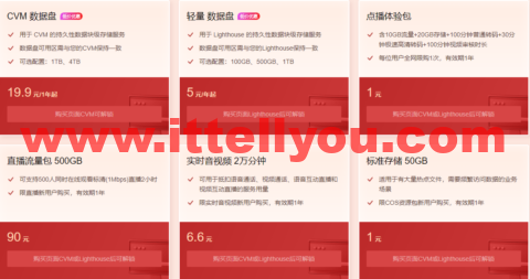 腾讯云：轻量云服务器数据盘，1TB空间，年付19.9元