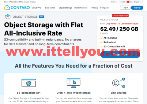 Contabo：美国对象存储( Object Storage)上线，不限流量，限时8折终身优惠，.49(250G/月)，可选德国/美国/新加坡