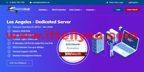 Sharktech：美国高防物理机，洛杉矶机房，2*E5-2670V2/32G内存/500G SSD磁盘/不限流量/1Gbps带宽，/月
