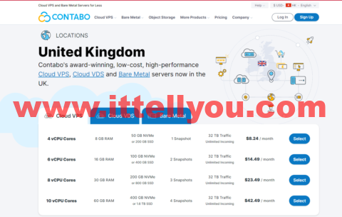 #上新#Contabo：英国机房VPS，免设置费，4核/8G内存/50 GB NVMe 或200 GB SSD硬盘/32TB流量/200M-1Gbps带宽，.24/月起，VDS.99/月起，裸金属服务器9.99/月