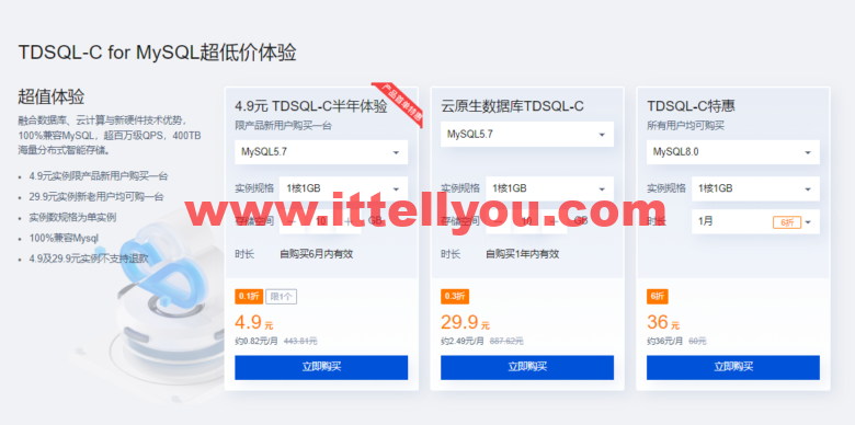 腾讯云：云原生数据库 TDSQL-C，完全兼容MySQL和PG自研数据库，半年付4.9元，年付仅29.9元