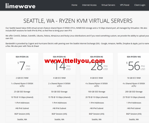#黑五#Limewave：西雅图机房AMD Ryzen高性能vps，1核/1GB/10G SSD/1TB流量/1Gbps带宽，/年