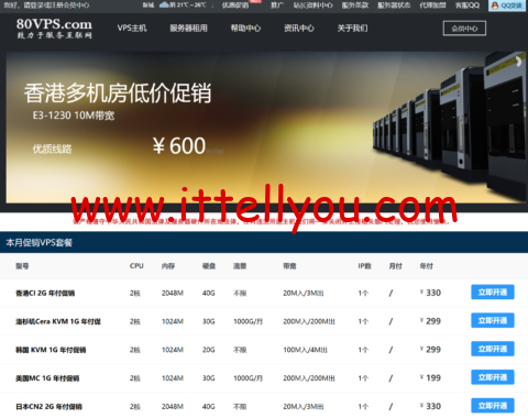 80VPS：香港CN2独立服务器299元/月起，美国CN2独立服务器350元/月起