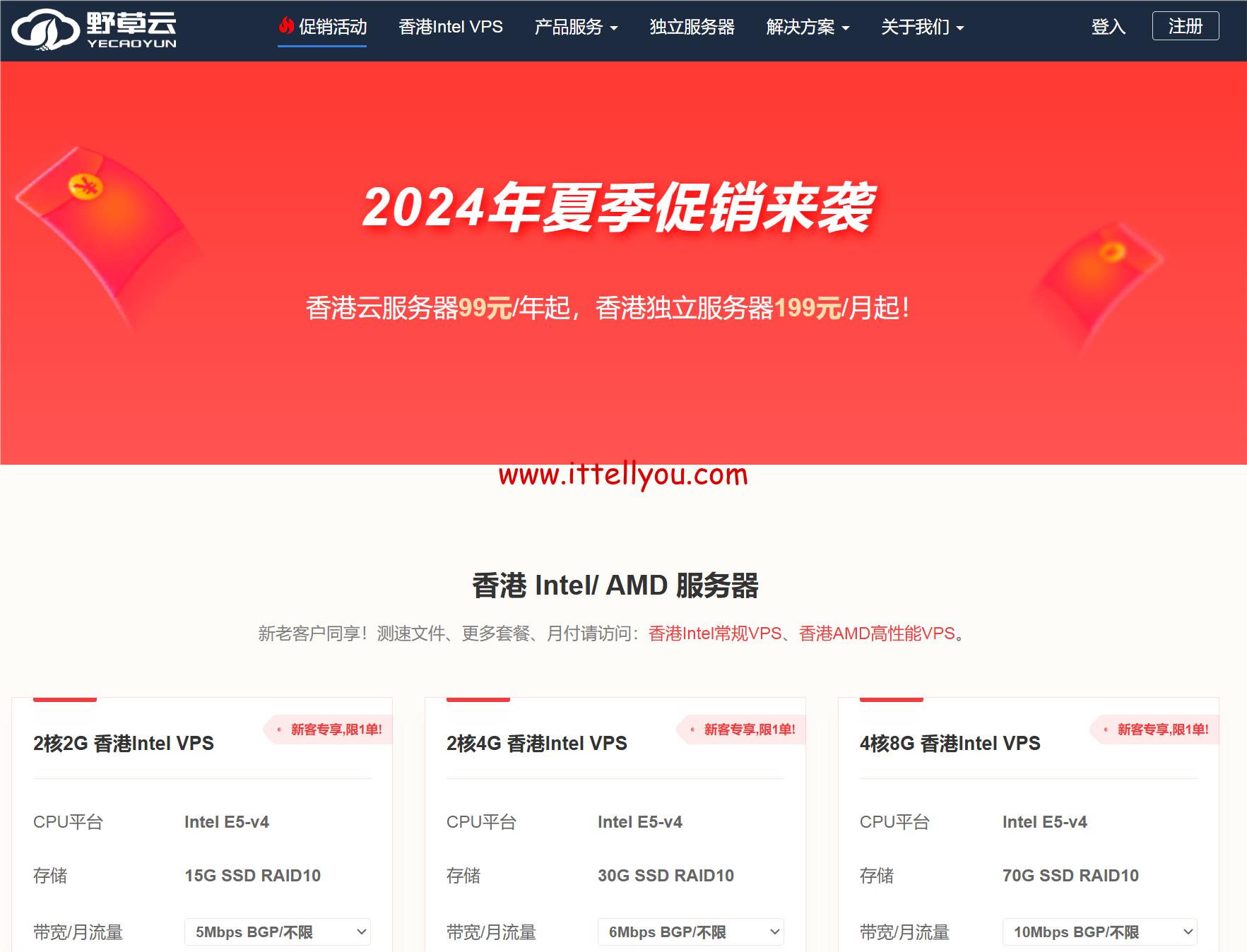 野草云：香港MG机房，2核/2GB/30GB/500GB@100Mbps带宽，99元/年