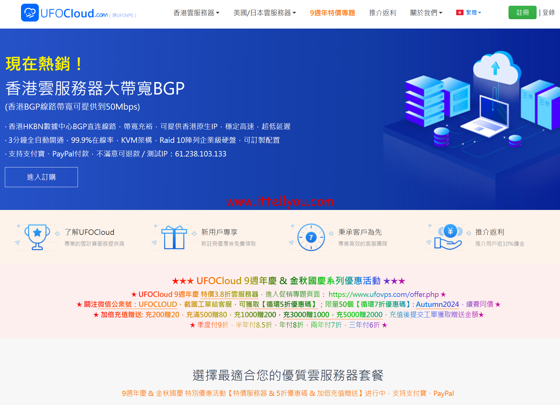 #九周年促销#UFOVPS：特价云服务器3.8折，年付118元起，日本CN2/香港CN2/美国vps，充200送20元