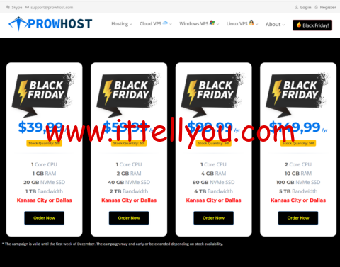 #Black Friday 2024#ProwHost：美国堪萨斯机房vps，1核/1GB内存/20G NVMe/1TB流量/1Gbps带宽，.9/年