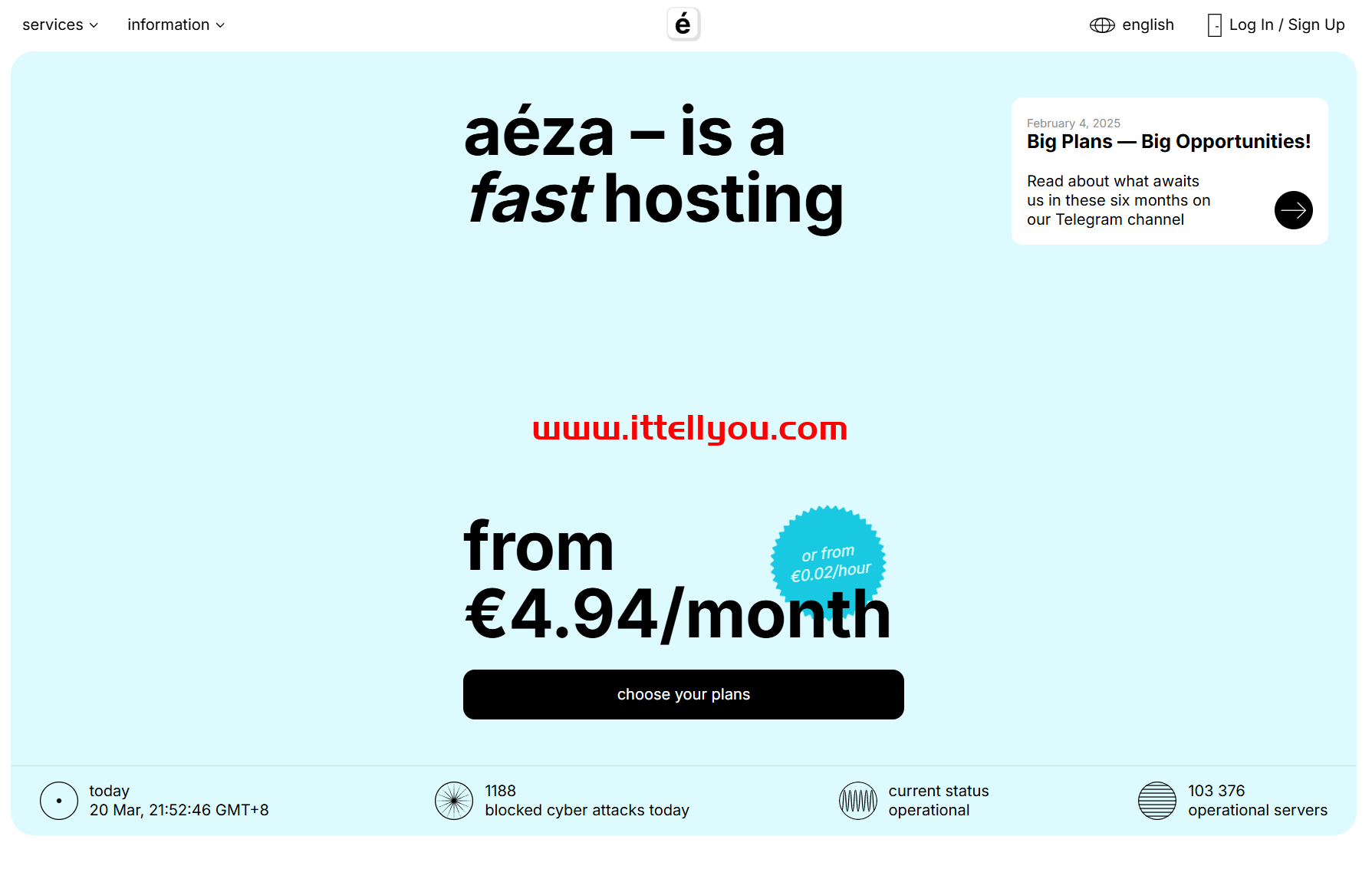 aeza：瑞典VPS，1核/4GB/10G NVMe/100Mbps不限流量，€1.09/月